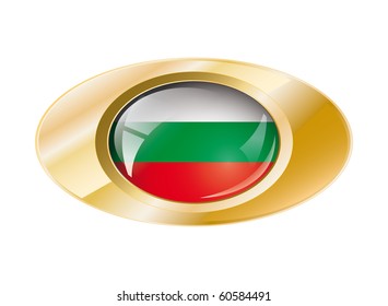 Bulgaria shiny button flag with golden ring vector illustration. Isolated abstract object against white background.
