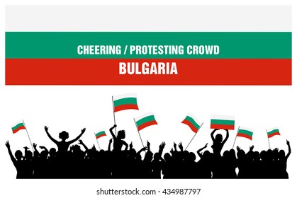 Bulgaria silhouettes of cheering or protesting crowd of people with Bulgarian flags and banners.