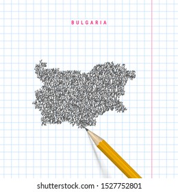 Bulgaria sketch scribble map drawn on checkered school notebook paper background. Hand drawn vector map of Bulgaria. Realistic 3D pencil.