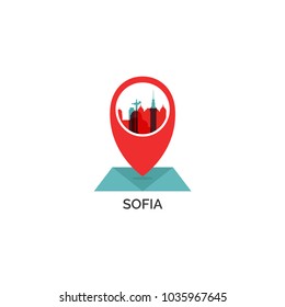 Bulgaria Sofia map city pin point geolocation modern skyline shape pointer vector flat logo web icon illustration