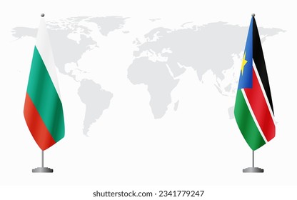 Bulgaria and South Sudan flags for official meeting against background of world map.