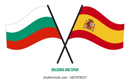 Bulgaria and Spain Flags Crossed And Waving Flat Style. Official Proportion. Correct Colors.