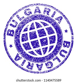 BULGARIA stamp watermark with grunge texture. Blue vector rubber seal imprint of BULGARIA tag with dust texture. Seal has words arranged by circle and globe symbol.