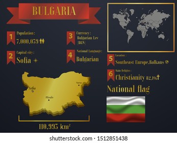Bulgaria statistic data visualization, travel infographic, information, workflow. Graphic vector illustration. National flag, europe country silhouette, world map icon and business element