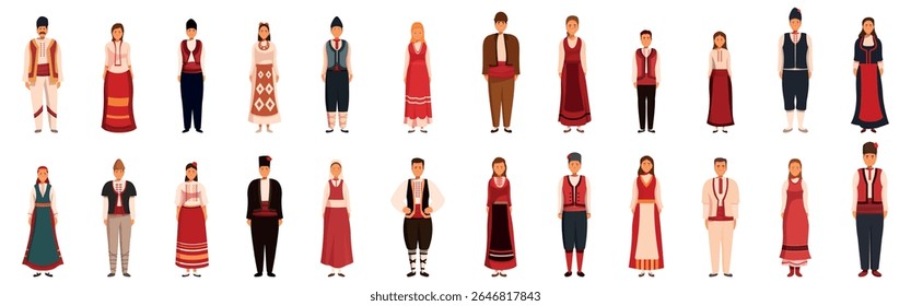  Bulgaria traditional clothing icons set. Diverse group showcasing traditional bulgarian attire, celebrating cultural heritage and national pride