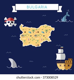 Bulgaria treasure map in flat design. Colorful cartoon treasure map of Bulgaria with flat design icons of pirate ship and jolly roger. Bulgaria flat design vector illustration.