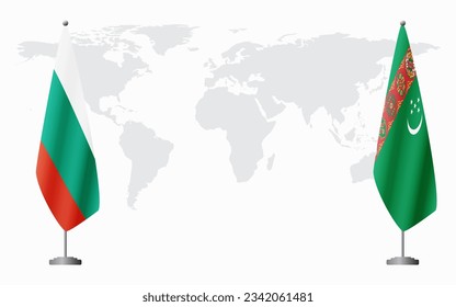 Bulgaria and Turkmenistan flags for official meeting against background of world map.