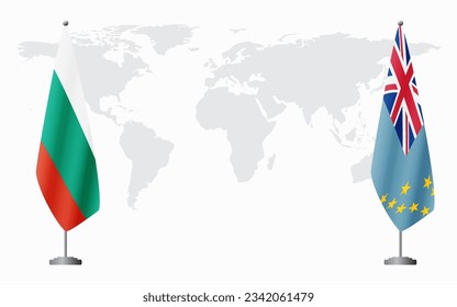 Bulgaria and Tuvalu flags for official meeting against background of world map.