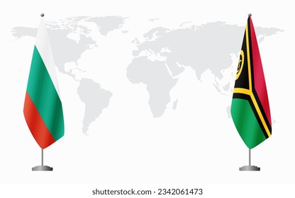 Bulgaria and Vanuatu flags for official meeting against background of world map.
