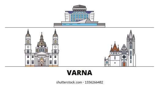 Bulgaria, Varna flat landmarks vector illustration. Bulgaria, Varna line city with famous travel sights, skyline, design. 