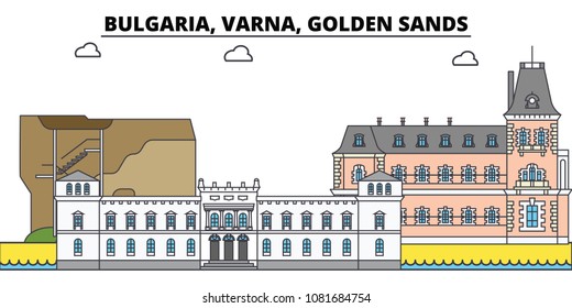 Bulgaria, Varna, Golden Sands. City skyline, architecture, buildings, streets, silhouette, landscape, panorama, landmarks. Flat design line vector illustration concept. Isolated icons