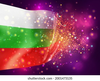 Bulgaria, vector 3d flag on pink purple background with lighting and flares
