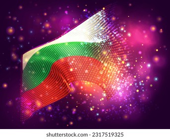 Bulgaria, pabellón vectorial 3d sobre fondo púrpura rosa con iluminación y bengalas