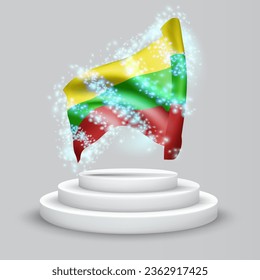 Bulgaria, vector 3d flag on the podium surrounded by a whirlwind of magical radiance