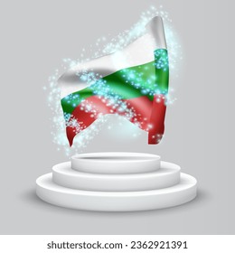 Bulgaria, vector 3d flag on the podium surrounded by a whirlwind of magical radiance
