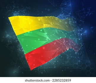 Bulgarien, Vektorflagge, virtuelles abstraktes 3D-Objekt aus dreieckigen Polygonen auf blauem Hintergrund