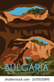 Bulgaria Vector Illustration Background. Travel to Devetashka Cave River Osam, Bulgaria. Flat Cartoon Vector Illustration in Colored Style.