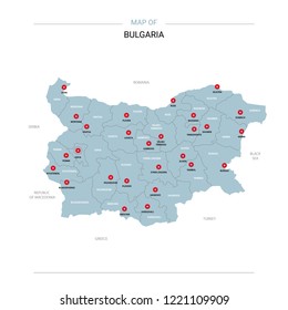 Bulgaria vector map. Editable template with regions, cities, red pins and blue surface on white background.