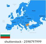 Bulgaria vector map, Europe. Editable Vector map silhouette illustration isolated on Europe, highlighted at Bulgaria, with country name, border, and capital. Bulgaria Flag.