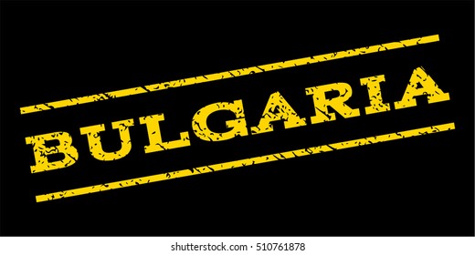Bulgaria watermark stamp. Text caption between parallel lines with grunge design style. Rubber seal stamp with dirty texture. Vector yellow color ink imprint on a blue background.