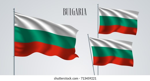 Bulgaria waving flag set of vector illustration. Red, green, white stripes of Bulgarian wavy realistic flag as a patriotic symbol