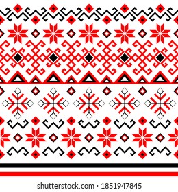 Bulgarian balkan national folklore embroidery style red, white and black ornamental seamless vector pattern