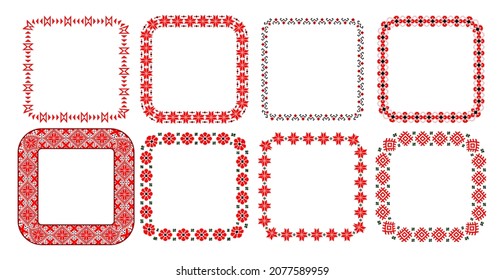 Bulgarian balkan national folklore embroidery style red, green and black ornamental border vector square frame set