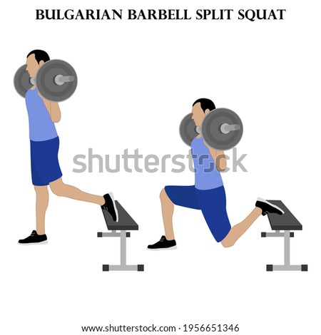 Bulgarian barbell split squat exercise strength workout vector illustration on the white background. Vector illustration