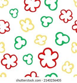 Bulgarian bell pepper seamless pattern on white background. Yellow, red, green paprika slices. Design for wallpaper, wrapping paper. Illustration in cartoon simple style. Vector stock illustration