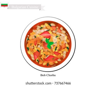 Bulgarian Cuisine, Bob Chorba or Traditional Bean Soup Made From Dry Beans, Onions, Tomatoes, Chubritza or Dzhodzhen (Spearmint) and Carrots. A National Food of Bulgaria.