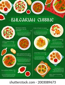 Bulgarian cuisine, dishes menu poster of Bulgaria food, vector meals. Bulgarian food cuisine cabbage rolls, meat and beans soup, Balkan restaurant traditional gourmet, dinner and national lunch