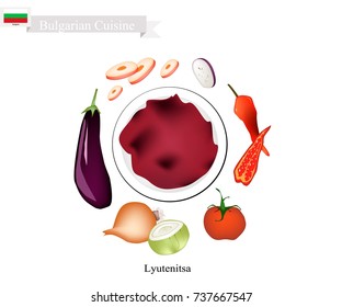 Bulgarian Cuisine, Illustration of Lyutenitsa or Traditional Spread Sauce Made of Peppers, Carrots, Eggplant, Onion, Garlic, Oil, Sugar, Salt and Tomatoes. One of The Most Famous Dish in Bulgaria.