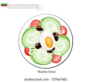 Bulgarian Cuisine, Illustration of Shopsky Salad or Shopska Salata Made of Tomatoes, Cucumbers, Olive, Boiled Egg and Feta Cheese. One of The Most Famous Dish in Bulgaria.