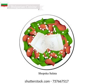 Bulgarian Cuisine, Illustration of Shopsky Salad or Shopska Salata Made of Tomatoes, Cucumbers and Feta Cheese. One of The Most Famous Dish in Bulgaria.