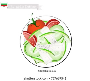 Bulgarian Cuisine, Illustration of Shopsky Salad or Shopska Salata Made of Tomatoes, Cucumbers and Feta Cheese. One of The Most Famous Dish in Bulgaria.