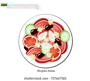 Bulgarian Cuisine, Illustration of Shopsky Salad or Shopska Salata Made of Tomatoes, Cucumbers, Olive and Feta Cheese. One of The Most Famous Dish in Bulgaria.