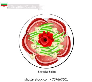 Bulgarian Cuisine, Illustration of Shopsky Salad or Shopska Salata Made of Tomatoes, Cucumbers and Feta Cheese. One of The Most Famous Dish in Bulgaria.