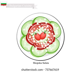 Bulgarian Cuisine, Illustration of Shopsky Salad or Shopska Salata Made of Tomatoes, Cucumbers and Feta Cheese. One of The Most Famous Dish in Bulgaria.