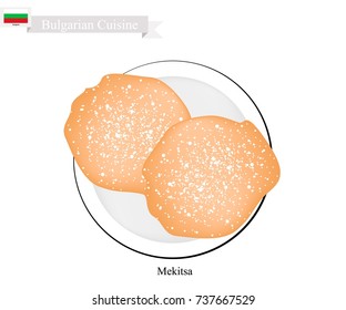 Bulgarian Cuisine, Mekitsa or Traditional Doughnuts Topped with Icing. One of Tha Most Popular Dessert of Bulgarian.