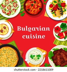 Bulgarian cuisine menu cover. Chicken vegetable Plakia, baked fish in tomato sauce and potato pie Patatnik, soup Tarator, salad Shopska and cheese stuffed peppers, kebab Kebapcheta, soup Supa Topcheta