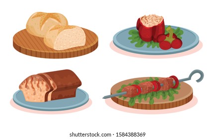 Bulgarian Cuisine National Food Dishes Collection, Stuffed Baked Pepper, Fresh Bun ,Barbeque Kebab, Romanian Cozonac Easter Bread Vector Illustration