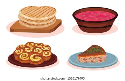 Bulgarian Cuisine National Food Dishes Collection, Grilled Wheat Cakes, Agneshko Stuffed Pie, Banitsa Twisted Pie, Red Beet Soup Vector Illustration