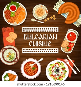 Bulgarian cuisine restaurant dishes banner. Pork kebapche, rice pudding and cheese pie banitsa, tomato pepper chutney lutenitsa, cold soup Tarator and bean soup Bob Chorba, shopska salad vector