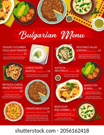 Bulgarian cuisine restaurant dishes menu. Bob Chobra and yogurt cucumber cold Tarator soup, cheese pastry Banitsa, bryndza bread Tutmanik and fish Plakia, Kufteta meatballs, salad Shopska vector