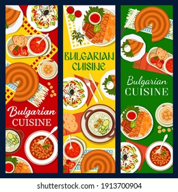 Bulgarian cuisine restaurant menu banner. Shopska salad, tomato pepper chutney lutenitsa and rice pudding, cheese pie banitsa, bean soup Bob Chorba and cucumber cold soup Tarator, pork kebapche Vector