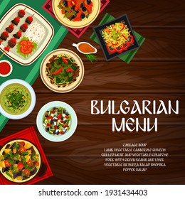 Bulgarian cuisine vector cabbage soup, pork stewed with prunes, pepper salad. Vegetable bryndza salad shopska, ljutenica, olive oil and grilled meat and lamb casserole guvech food of Bulgaria poster