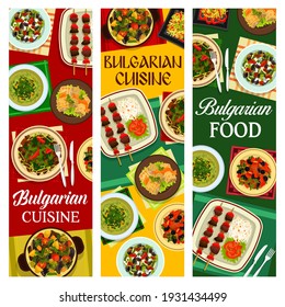 Bulgarian cuisine vector cabbage soup, pork stewed with prunes, stuffed cabbage leaves sarmi and pepper salad. Grilled meat and vegetable kebapche, lamb casserole guvech food of Bulgaria.banners set