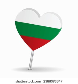 Bulgarian flag heart-shaped map pointer layout. Vector illustration.