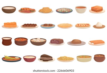 Bulgarian food icons set cartoon vector. Pepper food. Home clay