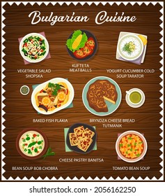 Bulgarian food meals and dishes menu. Kufteta meatballs, vegetable salad Shopska and bryndza bread Tutmanik, Tarator, Bob Chobra and tomato bean soups, baked fish Plakia, cheese pie Banitsa vector